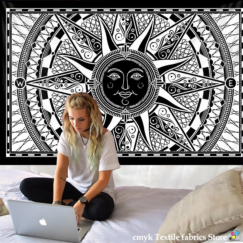 (19 Different Tapestry)White Black Sun Moon Mandala Tapestry
