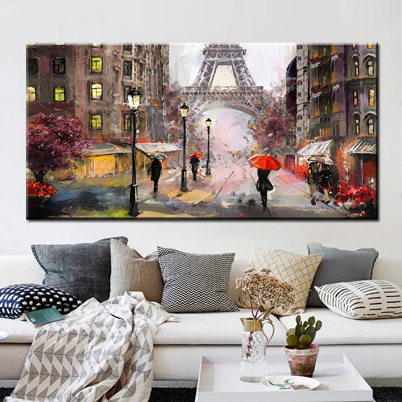 Romantic City Pedestrian Paris Eiffel Tower Landscape Abstract Oil Painting on Canvas