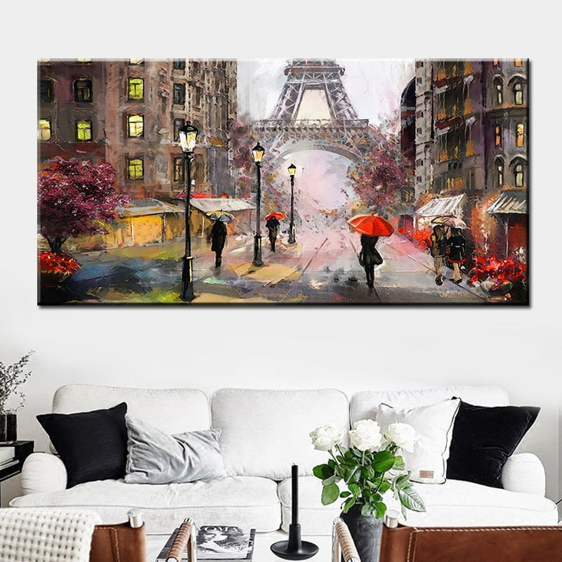 Romantic City Pedestrian Paris Eiffel Tower Landscape Abstract Oil Painting on Canvas