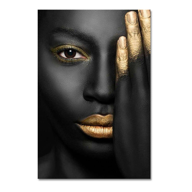 Gold Sexy Lip Black Skinned Woman Portrait Canvas Painting