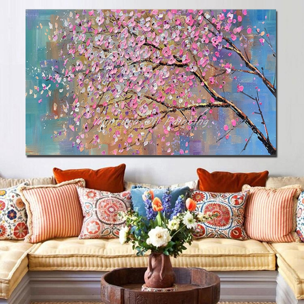 Hand Painted Thick Texture Flower Tree Blue Morden Oil Painting