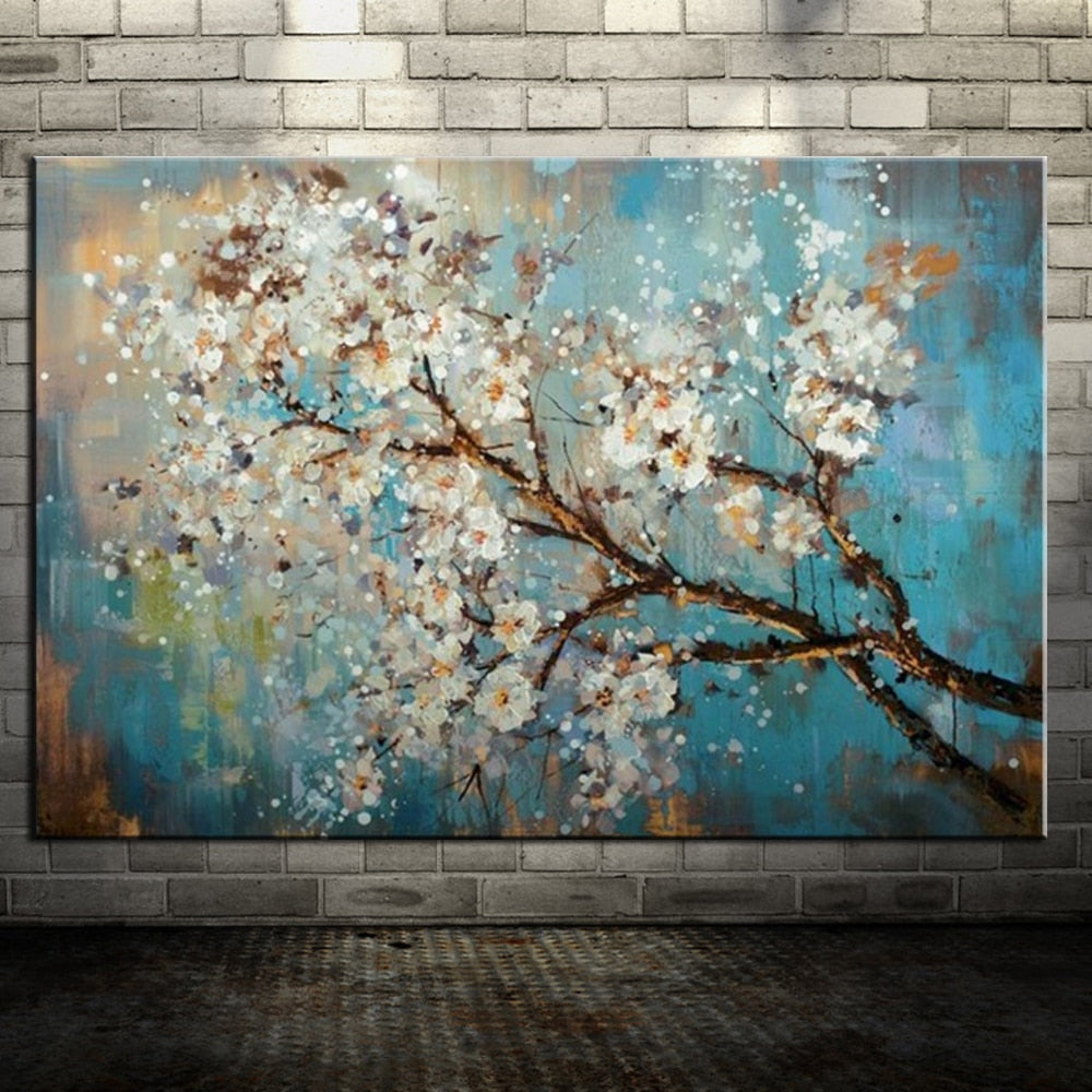 Hand Painted Thick Texture Flower Tree Blue Morden Oil Painting