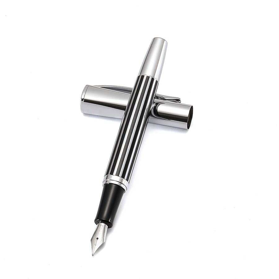 1 Baoer [Sober] Fountain Pen, Black Stripe Lacquer Barrel, Silver Trim Stainless Steel Medium Nib