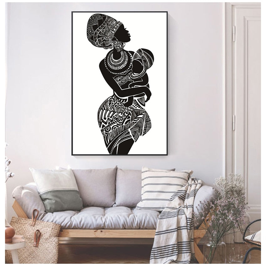 White Wall Picture Poster Print Home Decor Beautiful African Woman With Baby Bedroom Wall Art Canvas Painting Black and