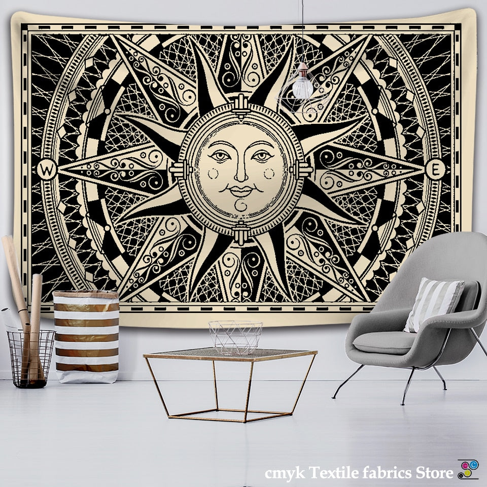 (19 Different Tapestry)White Black Sun Moon Mandala Tapestry