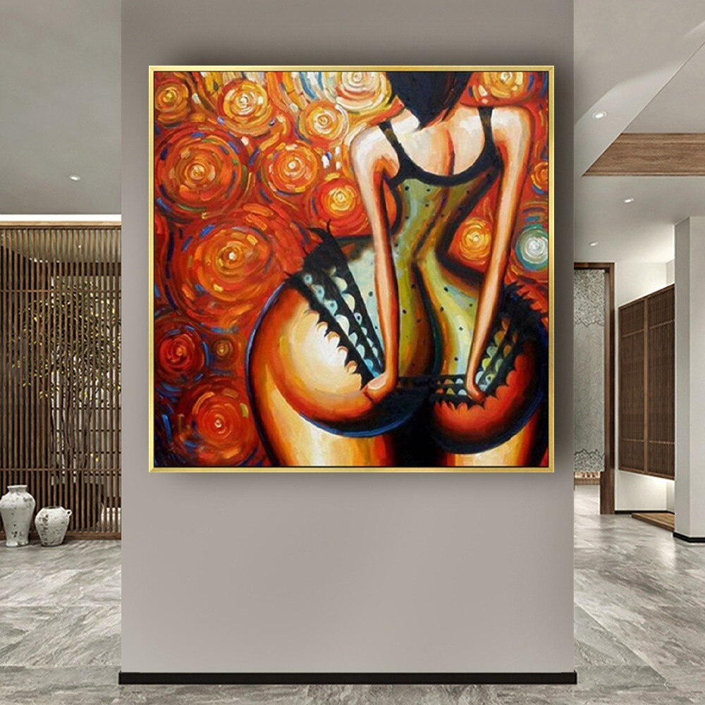 100% Hand-Painted Woman Big Butt Orange Brown Figure Oil Painting