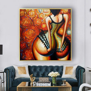 100% Hand-Painted Woman Big Butt Orange Brown Figure Oil Painting