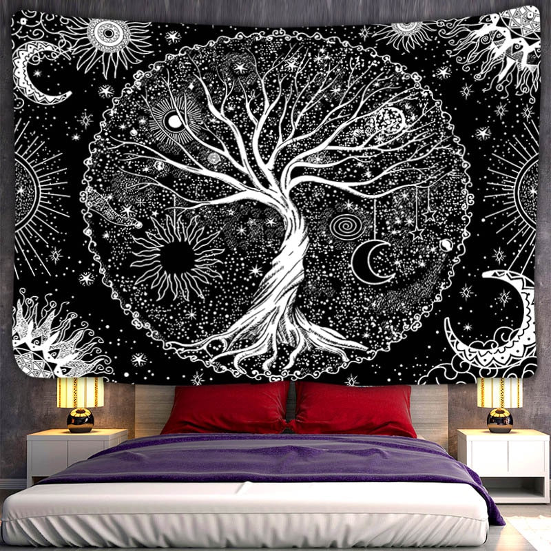 (24 Different Tapestry)Black White Moth Tapestry Trippy Mushroom Butterfly Sun Moon Celestial Stars