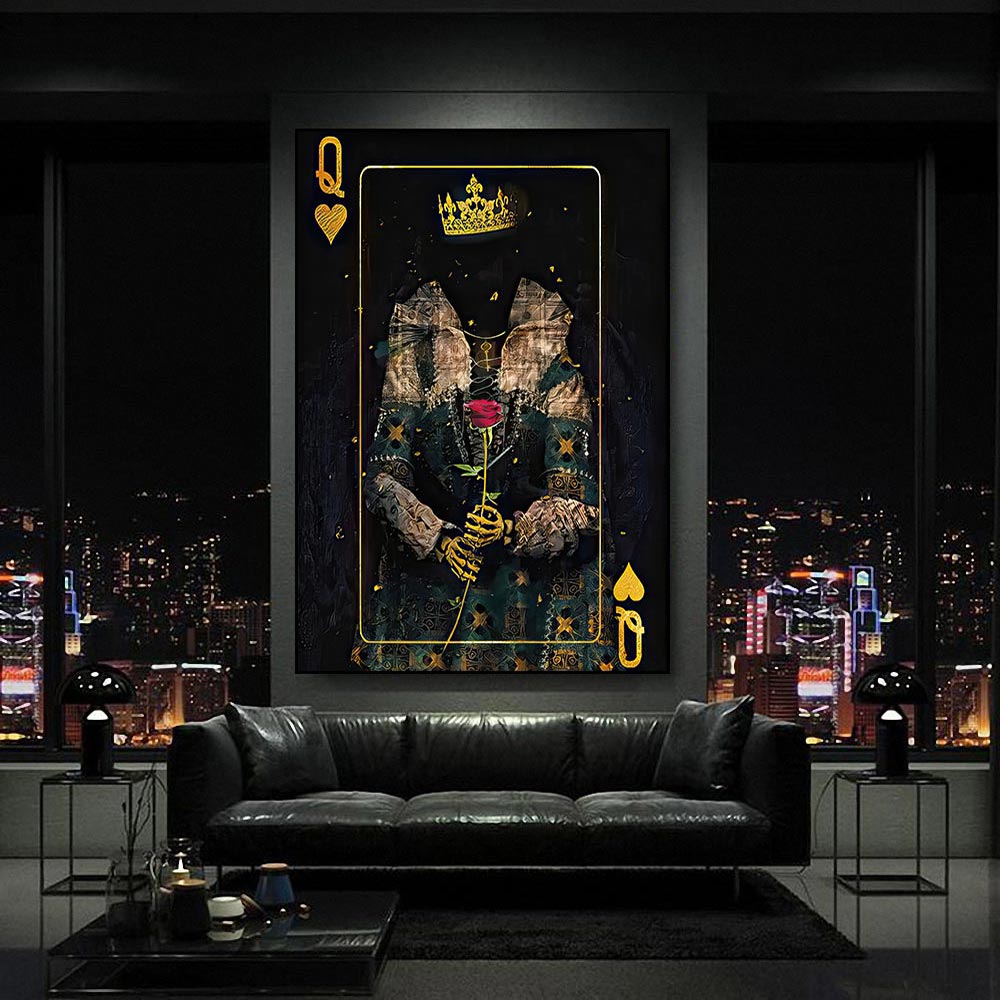 Ace Of K Skeleton King Poker Queen Love Rose Flower Crown Wall Art Canvas Painting Pictures For Living Room Home Decor Poster
