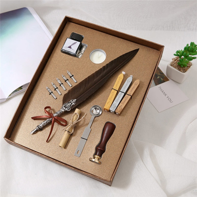 Calligraphy Feather Dip Pen Writing Ink Set Stationery Gift Box with 5 Nib Wedding Gift Quill Pen Fountain Pen