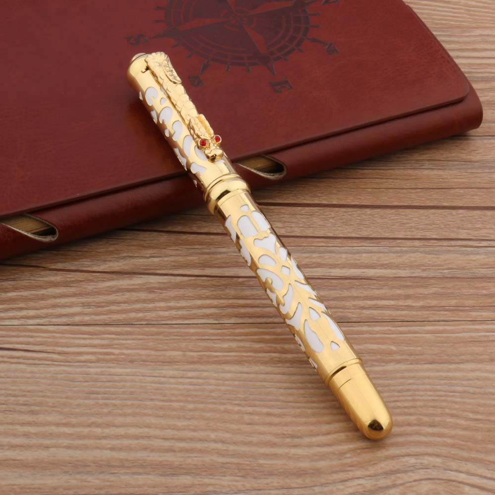 1 Luxury Metal 300 Fountain Pen White Golden Retro Hollow Out Faucet 26 Nib Stationery Office School Supplies