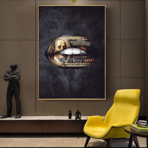 GOLD STANDARD LIPS Money Graffiti Art Paintings Print on Canvas Wall Art Posters and Prints Black Luxury Fashion Art Pictures