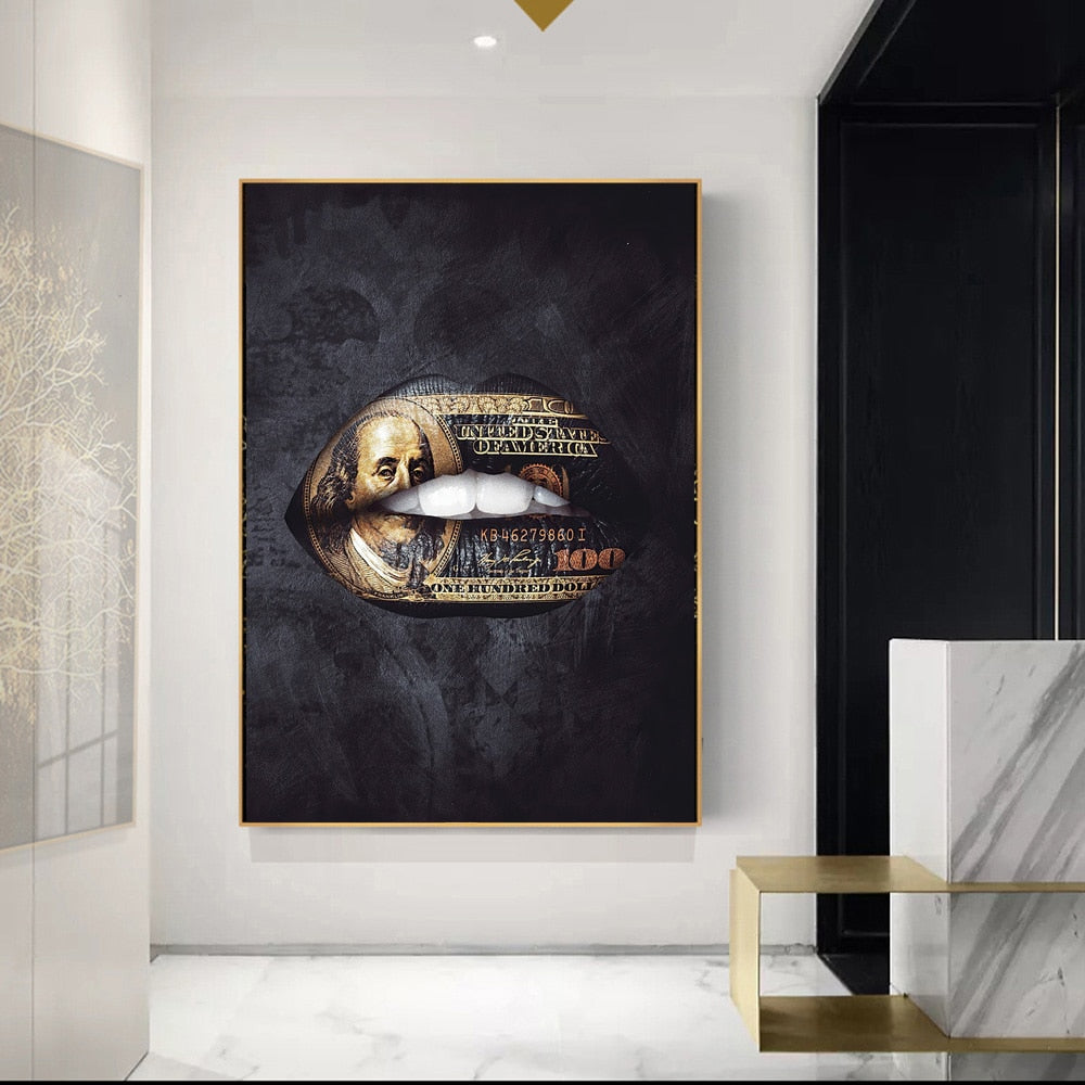 GOLD STANDARD LIPS Money Graffiti Art Paintings Print on Canvas Wall Art Posters and Prints Black Luxury Fashion Art Pictures