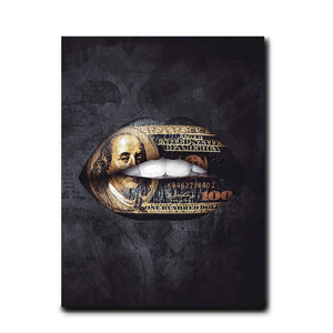 GOLD STANDARD LIPS Money Graffiti Art Paintings Print on Canvas Wall Art Posters and Prints Black Luxury Fashion Art Pictures