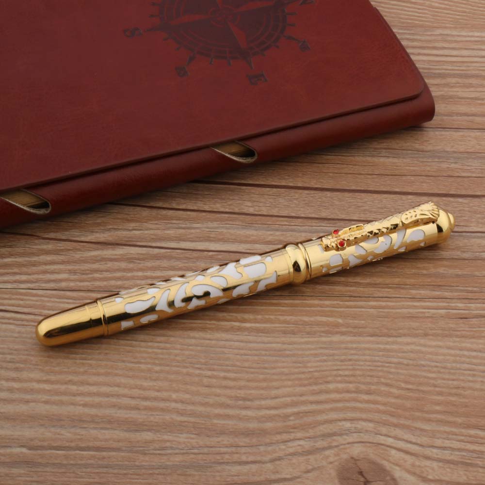 1 Luxury Metal 300 Fountain Pen White Golden Retro Hollow Out Faucet 26 Nib Stationery Office School Supplies