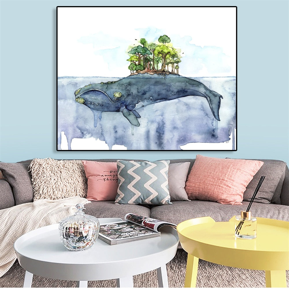 (6 Different Prints)Whale Art Painting Landscape Seaside Beach Killer Whale and Boat Prints Blue Sky Print