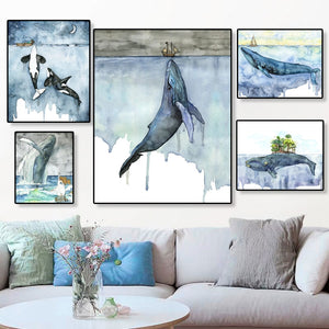 (6 Different Prints)Whale Art Painting Landscape Seaside Beach Killer Whale and Boat Prints Blue Sky Print