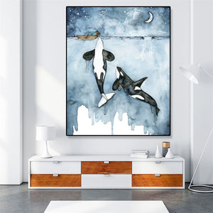 (6 Different Prints)Whale Art Painting Landscape Seaside Beach Killer Whale and Boat Prints Blue Sky Print