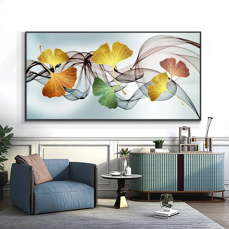 (8 Different Prints)Large Ginkgo Leaf And Feathers Square Rhinestone Mosaic Embroidery Round Decoration Nordic Poster