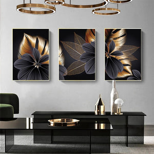 (3 Different Prints) Foreign Trade Black Gold Leaf Canvas Poster/Print